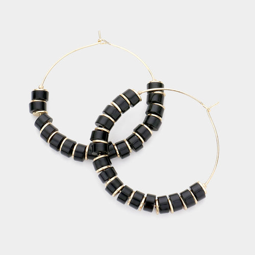 Beaded Metal Hoop Earrings - Jet Black