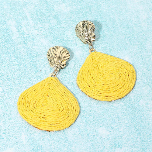 Raffia Wrapped Shell Drop Statement Earrings - Yellow