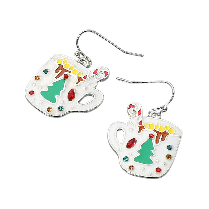 Silver White, Marquise Round Stone Accented Christmas Tree Hot Chocolate Dangle Earrings
