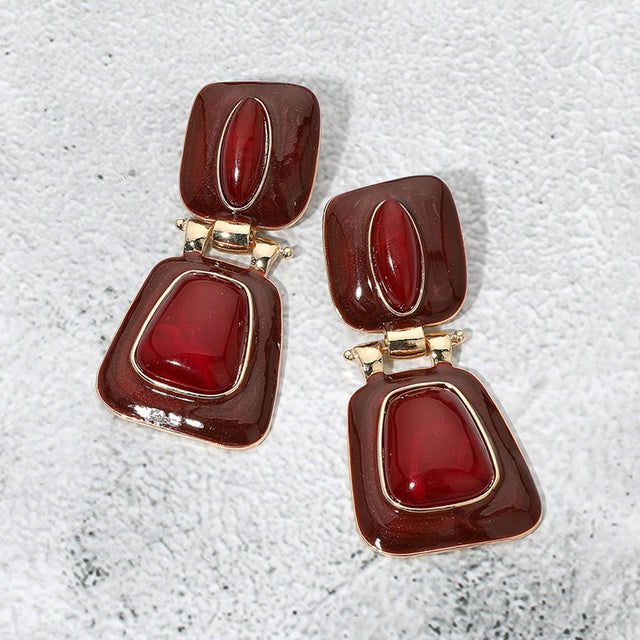 Madeline Love Burgundy, Gold Bold Vintage Geometric Link Drop Statement Earrings