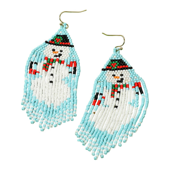 Gold Light Blue Beaded Snowman Fringe Dangle Earrings