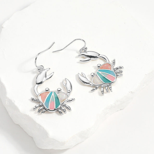 Antique Silver, Multi Sea Glass Crab Dangle Earrings