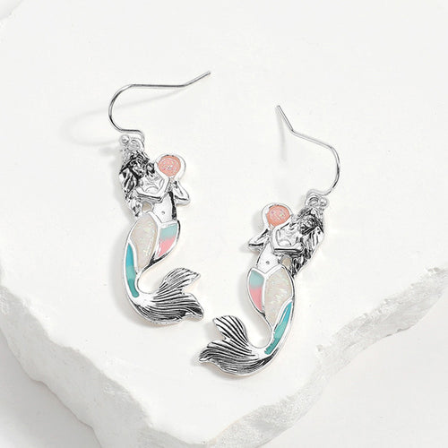 Sea Glass Mermaid Dangle Earrings - Antique Silver, Multi