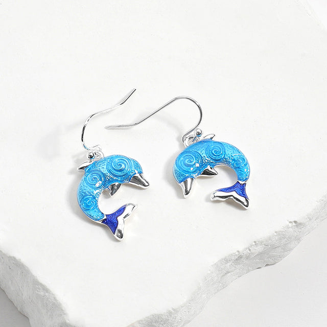 Blue, Silver Enamel Dolphin Dangle Earrings