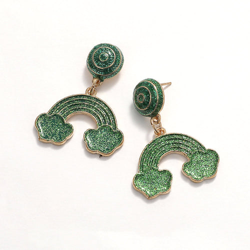 Glittered Enamel St Patricks Rainbow Cloud Dangle Earrings - Gold, Green
