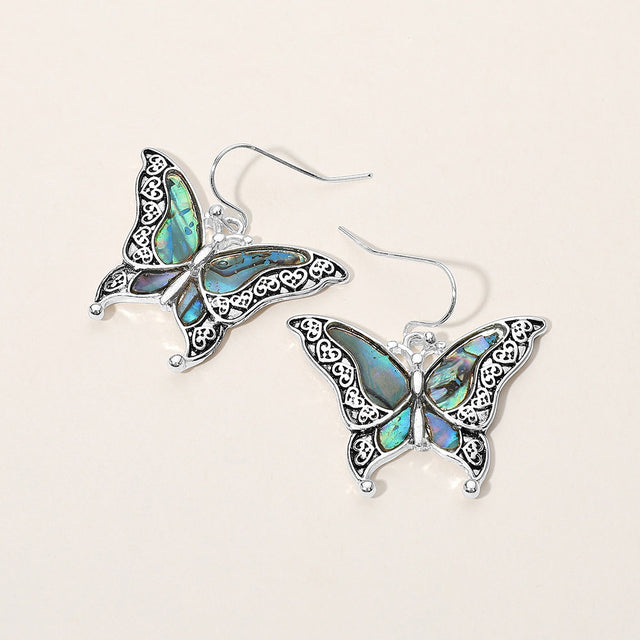 Madeline Love Abalone, Antique Silver Antique Metal Abalone Pointed Butterfly Dangle Earrings