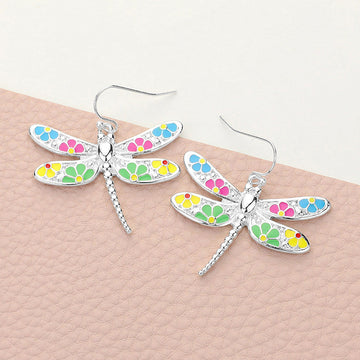 Madeline Love Multi, Silver Flower Patterned Dragonfly Dangle Earrings