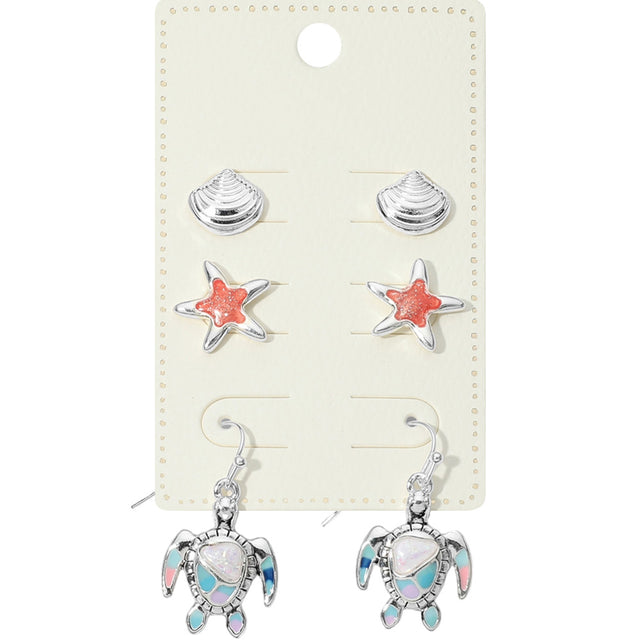 Antique Silver, Multi 3Pairs - Metal Shell Enamel Starfish Stud Sea Turtle Dangle Earring Set