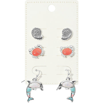 Madeline Love Antique Silver, Multi 3Pairs - Metal Shell Enamel Crab Stud Dangle Earring Set - Earrings