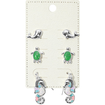 Madeline Love Antique Silver, Multi 3Pairs - Metal Whale Enamel Turtle Stud Seahorse Dangle Earrings Set
