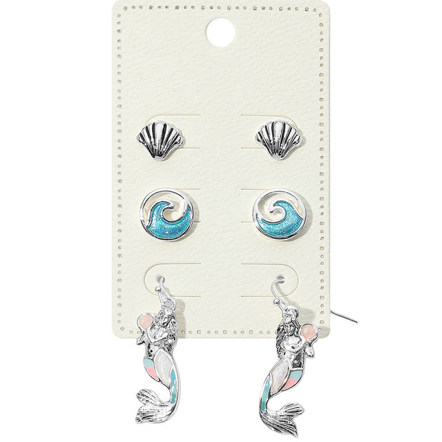 Antique Silver, Multi 3Pairs - Metal Seashell Enamel Wave Post Mermaid Dangle Earrings Set