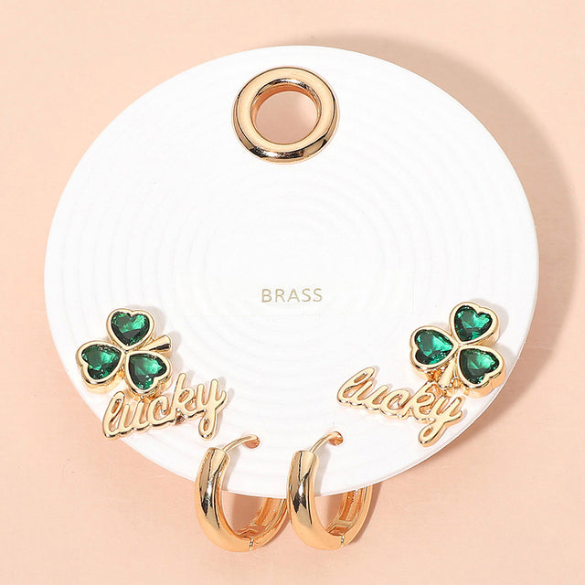 Madeline Love Gold, Green 3Pairs - Clover Lucky Stud Huggie Hoop Earring Set - Earrings