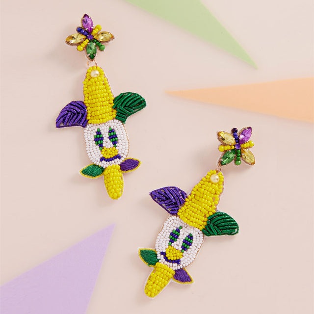 Multi Felt Back Mardi Gras Beaded Jester Pierrot Dangle Earrings