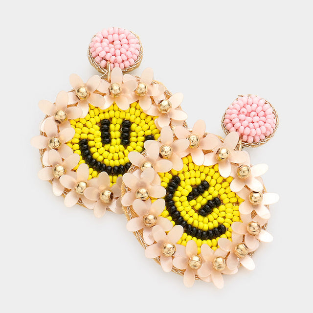 Madeline Love Pink Felt Back Floral Seed Beaded Smile Dangle Earrings