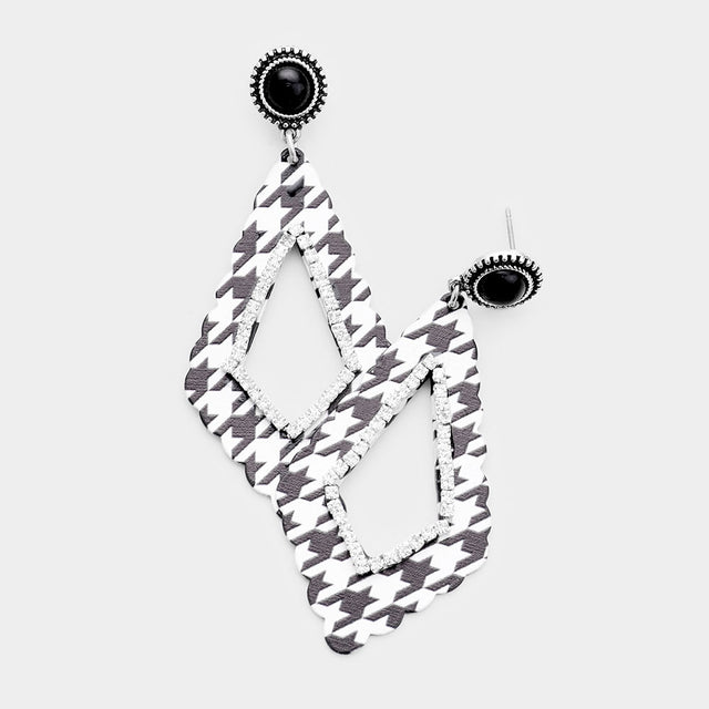 Madeline Love Black, White Houndstooth Check Print Rhinestone Embellished Cutout Geometric Metal Earrings
