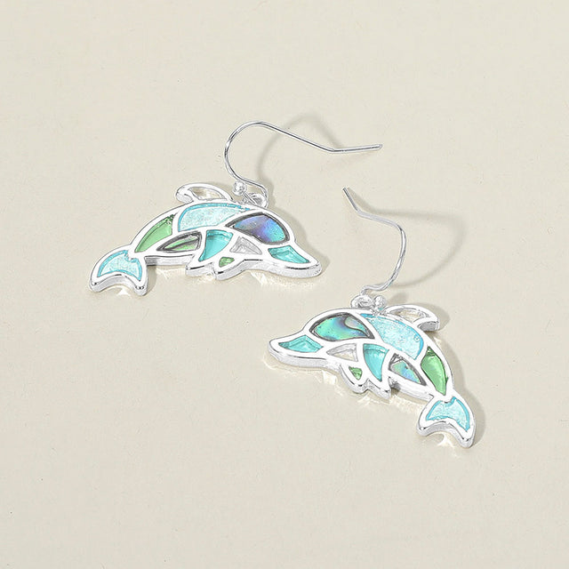 Madeline Love Multi, Silver Sea Glass Dolphin Dangle Earrings