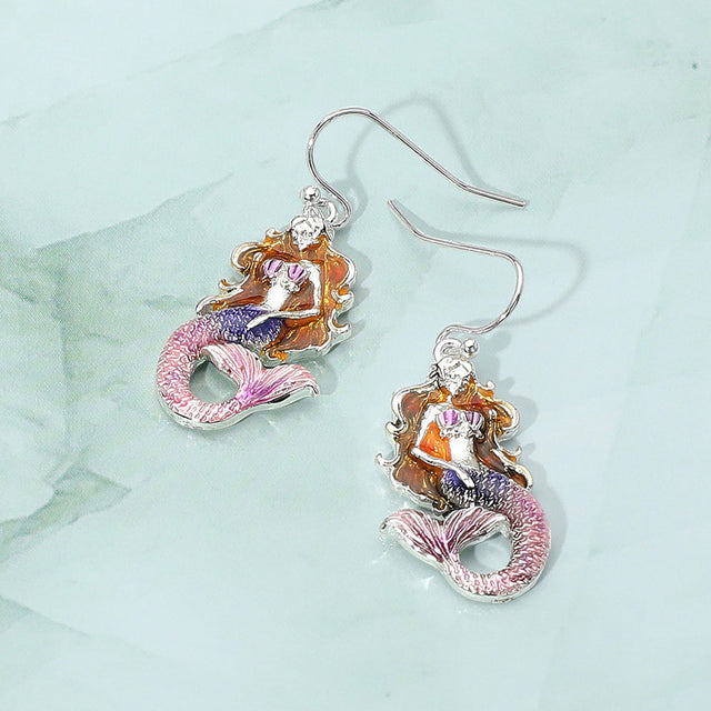 Antique Silver, Pink Enamel Mermaid Dangle Earrings