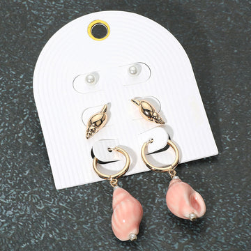 Madeline Love Gold, Pink 3Pairs - Pearl Metal Conch Shell Stud Ceramic Dangle Earring Set - Earrings