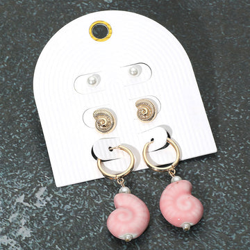 Madeline Love Gold, Pink 3Pairs - Pearl Metal Swirl Shell Stud Ceramic Dangle Earring Set - Earrings