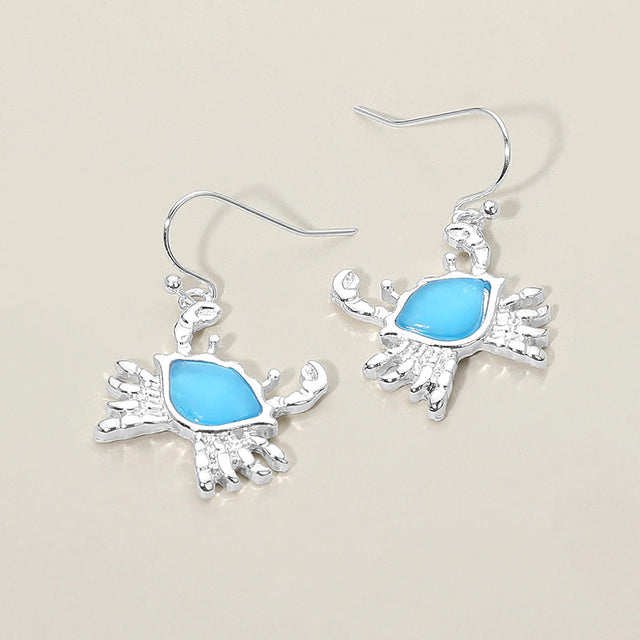 Madeline Love Blue, Silver Sea Glass Crab Charm Drop Dangle Earrings