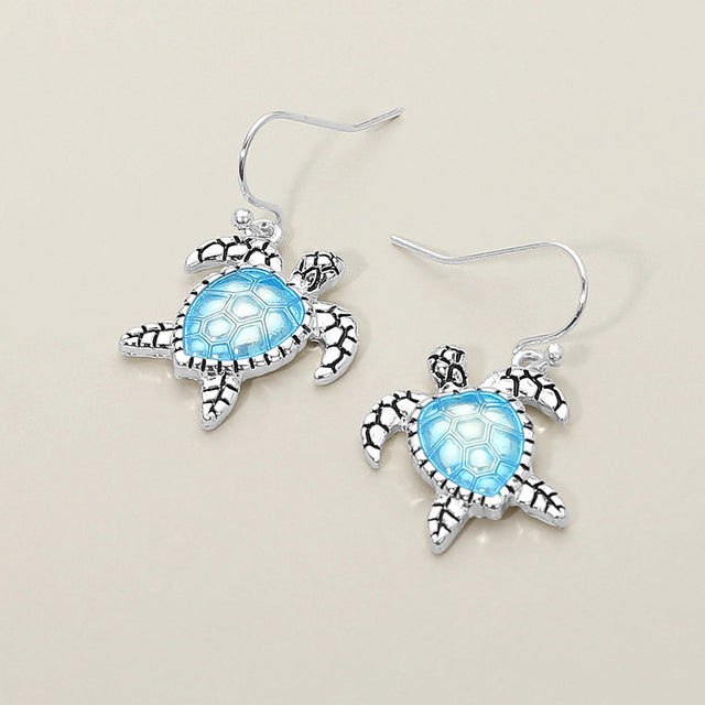 Madeline Love Antique Silver, Blue Sea Turtle Charm Drop Dangle Earrings