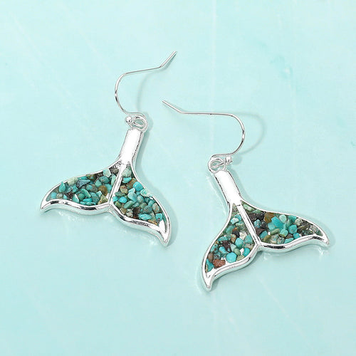 Crushed Pebble Whale Tail Dangle Earrings - Silver, Turquoise
