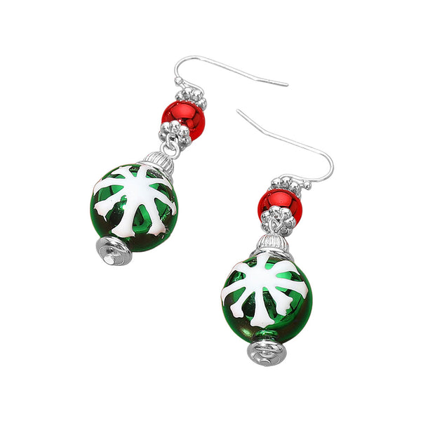 Green Silver Holiday Ornament Drop Dangle Earrings