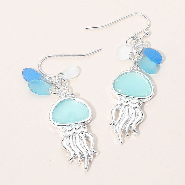 Madeline Love Blue, Silver Sea Glass Jellyfish Drop Dangle Earrings