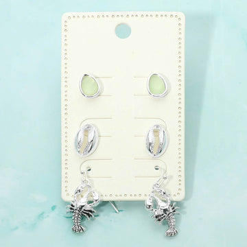 Madeline Love Antique Silver, Mint 3Pairs - Sea Glass Shell Lobster Earring Set - Earrings