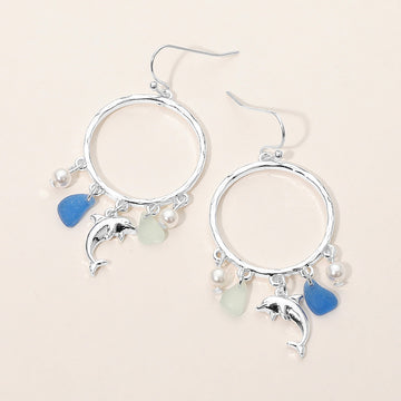 Madeline Love Antique Silver, Blue Dolphin Sea Glass Charm Drop Open Ring Dangle Earrings