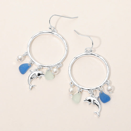 Dolphin Sea Glass Charm Drop Open Ring Dangle Earrings - Antique Silver, Blue