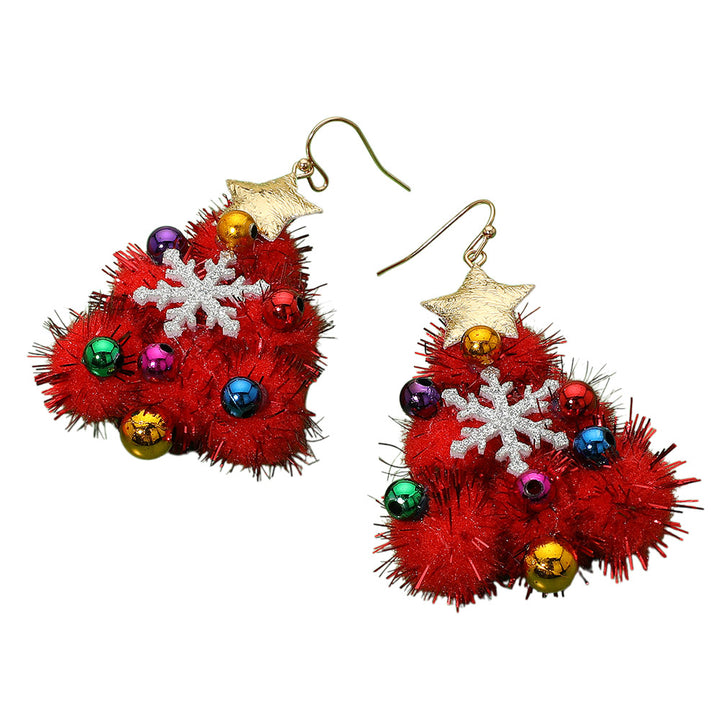 Multi Red Star Top Snowflake Accent Pom Pom Christmas Dangle Earrings