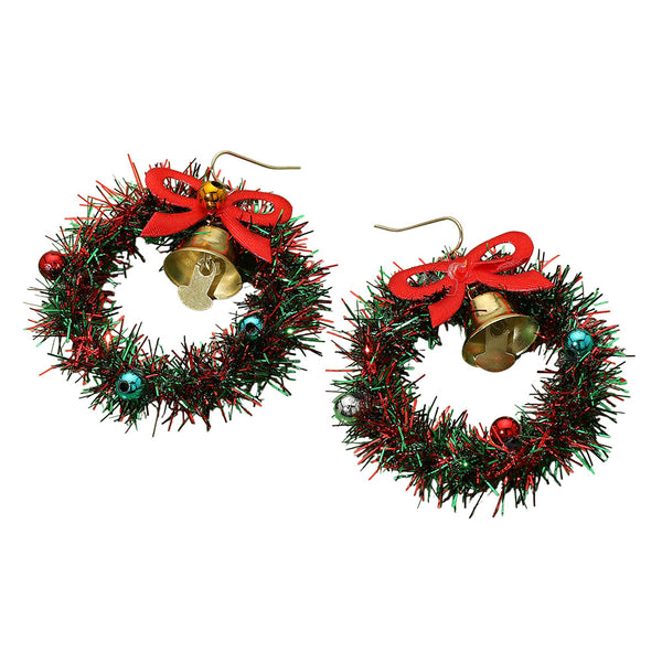 Gold Multi Bow Bell Christmas Tinsel Wreath Dangle Earrings