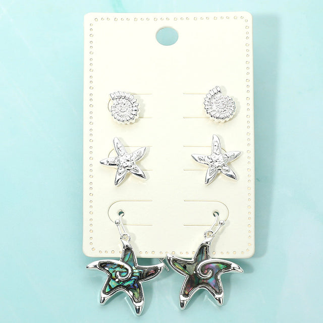Madeline Love Abalone, Silver 3Pairs - Metal Shell Starfish Stud Abalone Starfish Drop Dangle Earring Set - Earrings