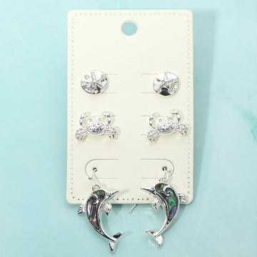 Madeline Love Abalone, Silver 3Pairs - Metal Sand Dollar Crab Stud Abalone Dolphin Drop Dangle Earring Set - Earrings