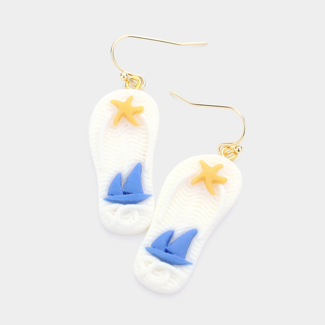 White Polymer Clay Starfish Ship Detailed Flip Flop Dangle Earrings
