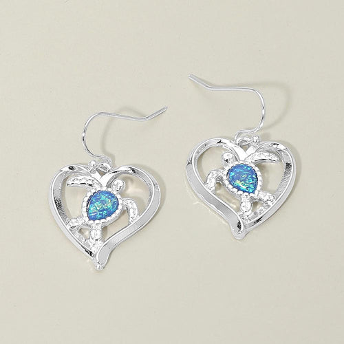 Sea Turtle Accent Heart Charm Drop Earrings - Blue, Silver