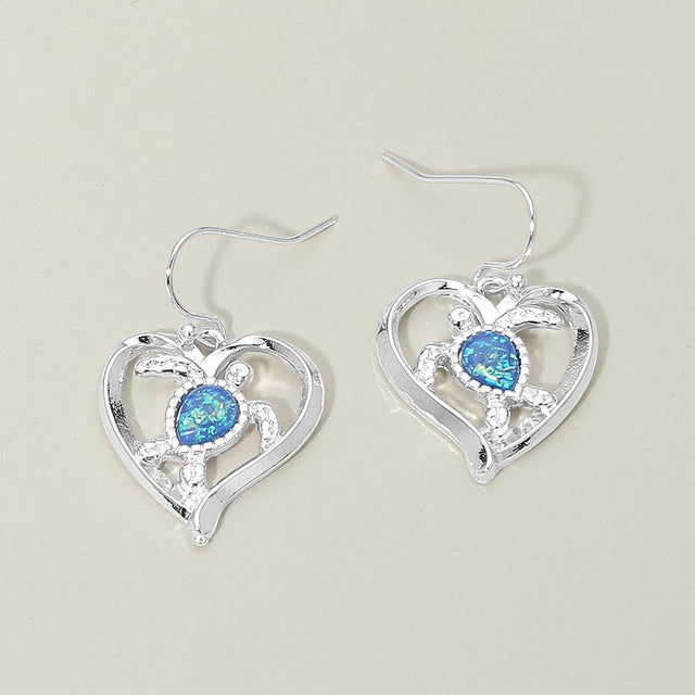 Madeline Love Blue, Silver Sea Turtle Accent Heart Charm Drop Earrings