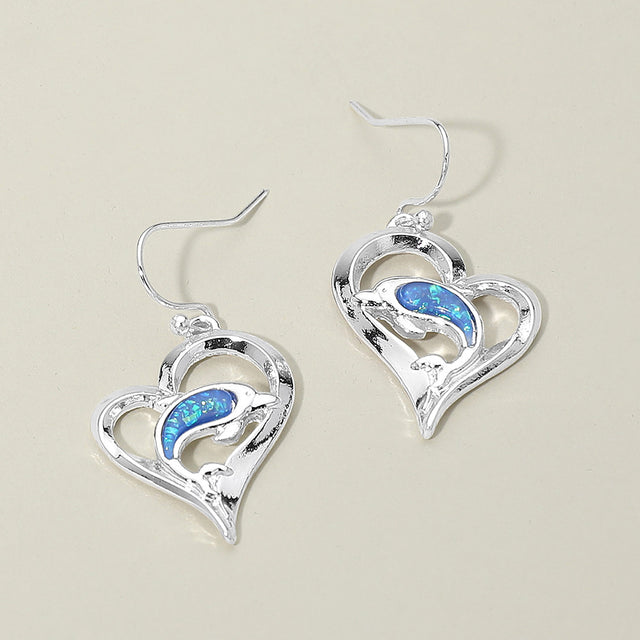 Madeline Love Blue, Silver Dolphin Accent Heart Charm Drop Earrings