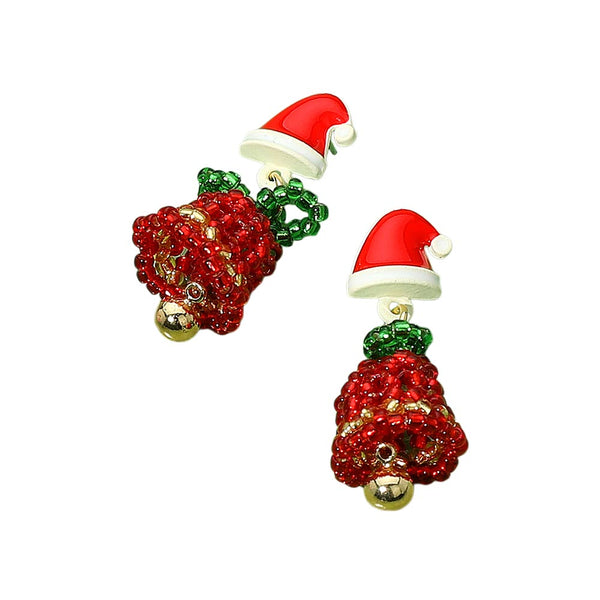 Red, Faceted Beaded Christmas Bell Dangle Earrings