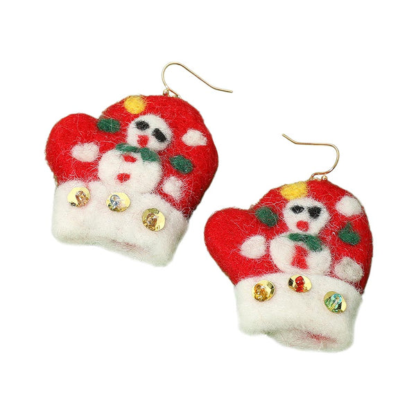 Multi White, Felt Christmas Snowman Mitten Dangle Earrings
