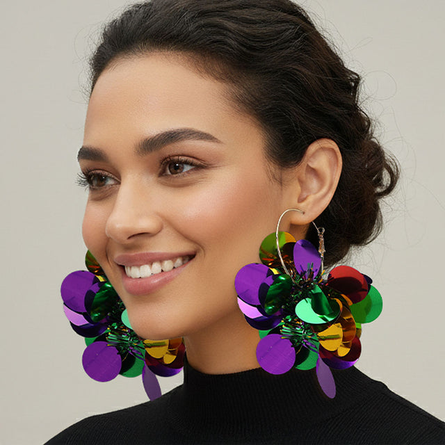 Multi Oversized Mardi Gras Tinsel Sequin Embellished Statement Hoop Earrings