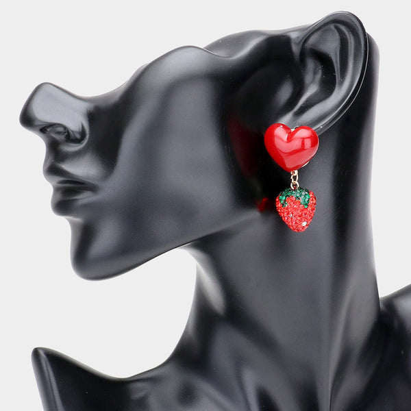 Resin Heart Rhinestone Embellished Strawberry Link Dangle Earrings