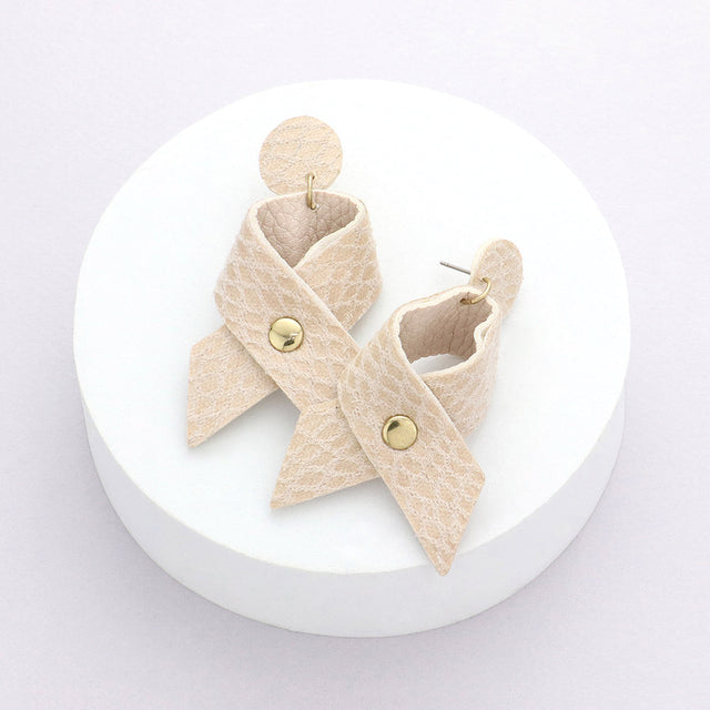 Madeline Love Neutral, Worn Gold Snake Patterned Faux Leather Ribbon Dangle Earrings