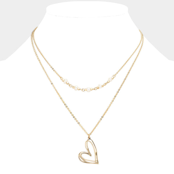 Pearl Pointed Metal Heart Pendant Double Layered Necklace