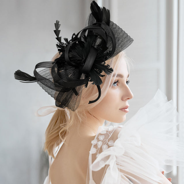 Madeline Love Black Feather Embellished Mesh Bow Fascinator / Headband - Hair Accessories