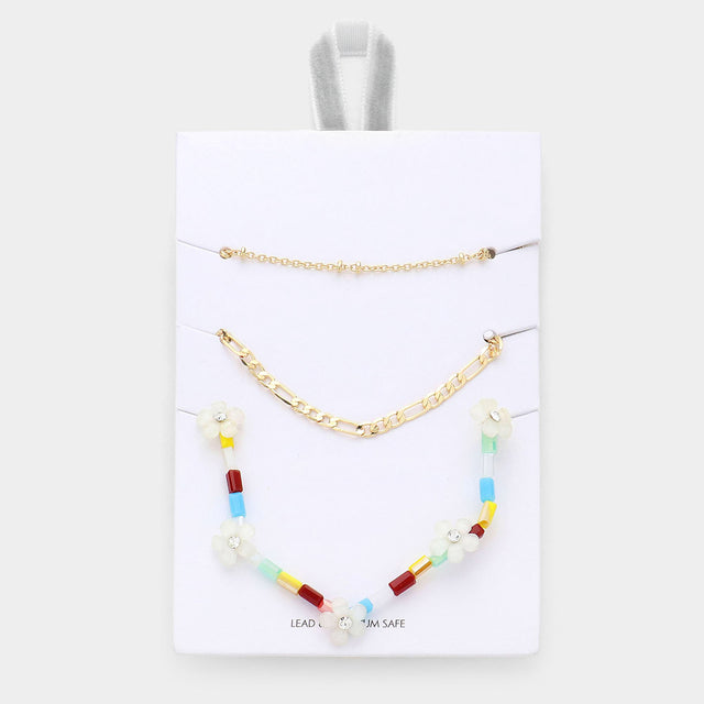 Madeline Love Multi 3PCS - Metal Chain Flower Accented Beaded Necklaces