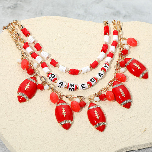 Football Charm Embellished GAME DAY Heishi Beaded Layered Necklace - Gold, Red, White