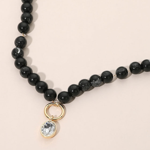 Madeline Love Black Round Stone Bezel Charm Pendant Beaded Necklace