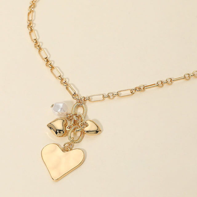 Madeline Love Gold Heart Pearl Embellished Drop Charm Chain Necklace - Necklaces